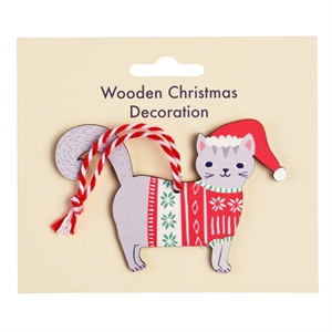 Juleornament i træ fra Rex London. Skøn kat i sweater og nissehue