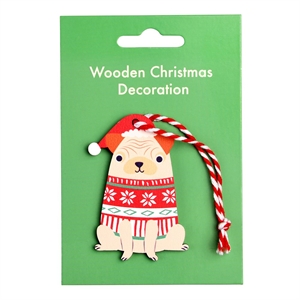 Juleornament i træ fra Rex London. Mops med nissetøj og hue.
